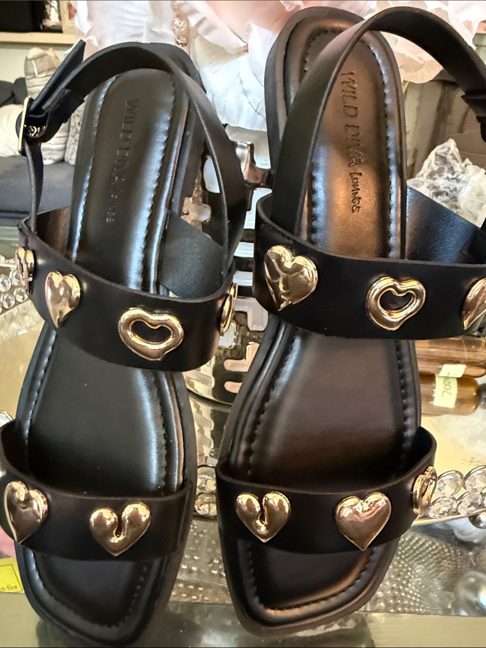 Wild Diva Black Slingback Sandals with Gold Heart Accents